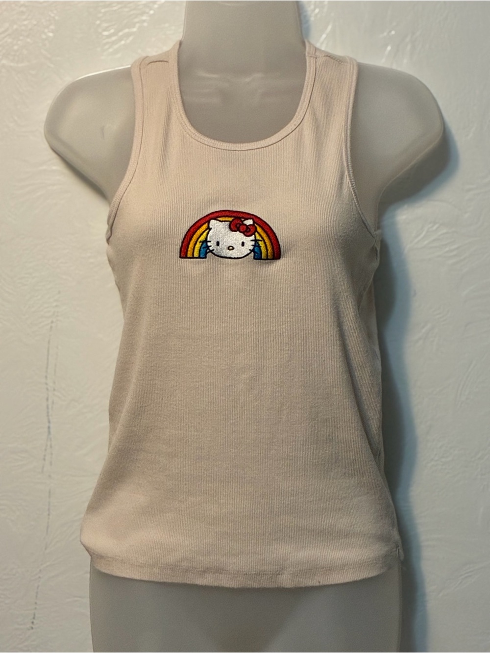 Hello Kitty Embroidered Cream Ribbed Tank with Rainbow Patch size Medium